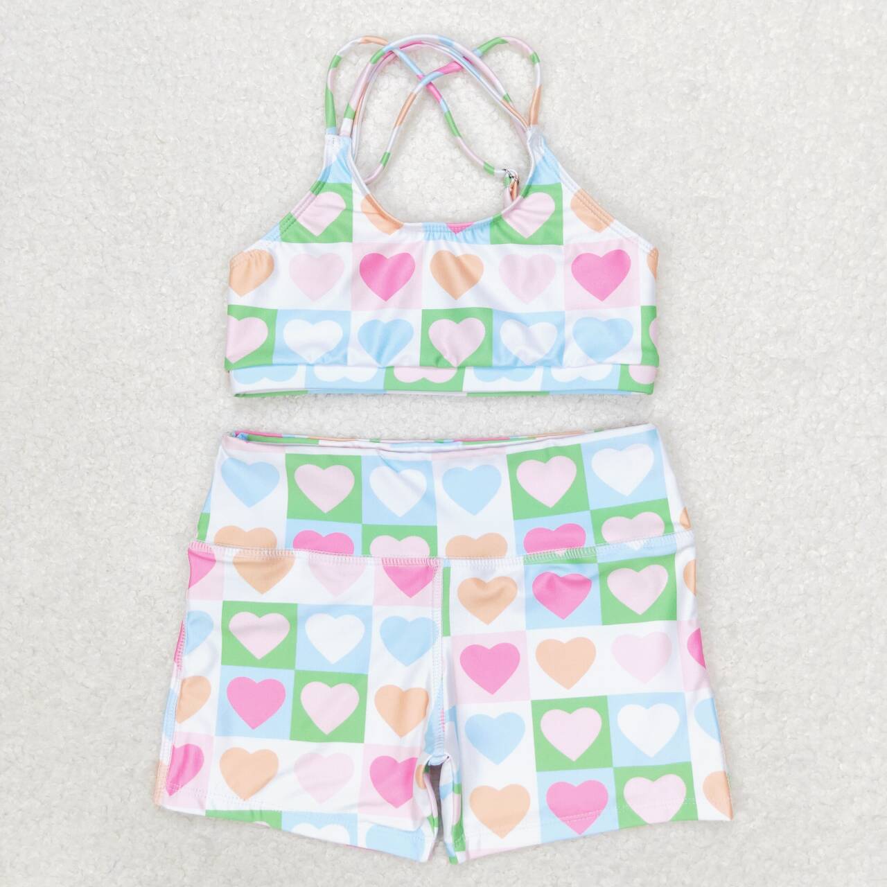 S0373 Colorful Heart Plaid Print Girls 2 Pieces Vests Swimsuit
