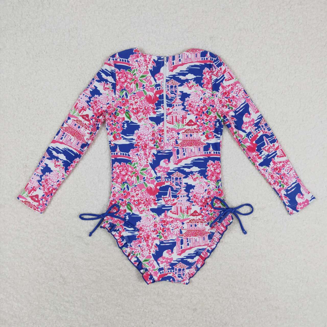 S0376  Flowers Print Girls 1 Piece Long Sleeve Zipper Swimsuits
