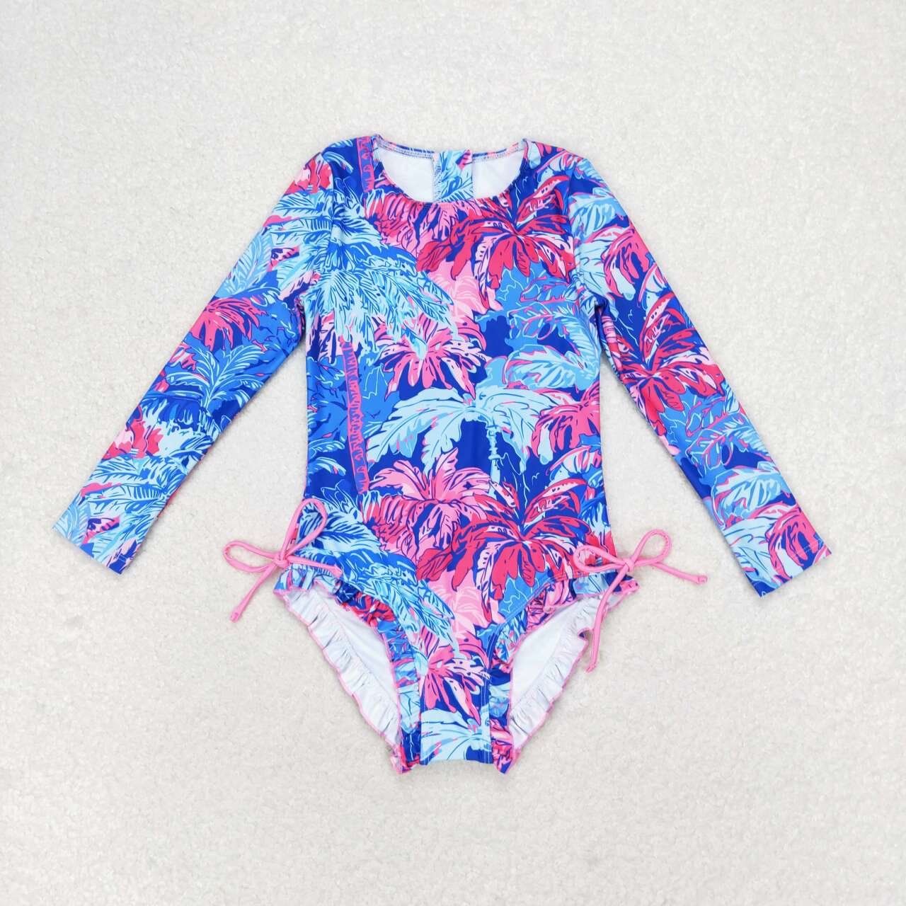 S0377  Coconut Tree Purple Print Girls 1 Piece Long Sleeve Zipper Swimsuits