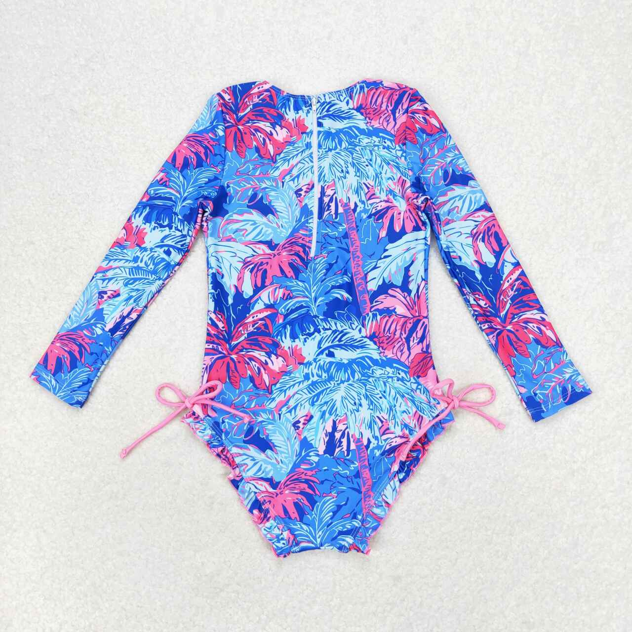 S0377  Coconut Tree Purple Print Girls 1 Piece Long Sleeve Zipper Swimsuits