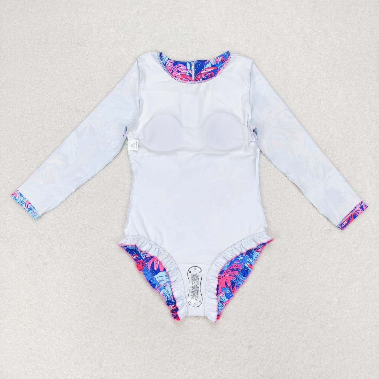 S0377  Coconut Tree Purple Print Girls 1 Piece Long Sleeve Zipper Swimsuits