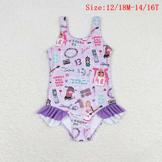 S0388  Purple Singer Swiftie Print Girls 1 Piece Swimsuits