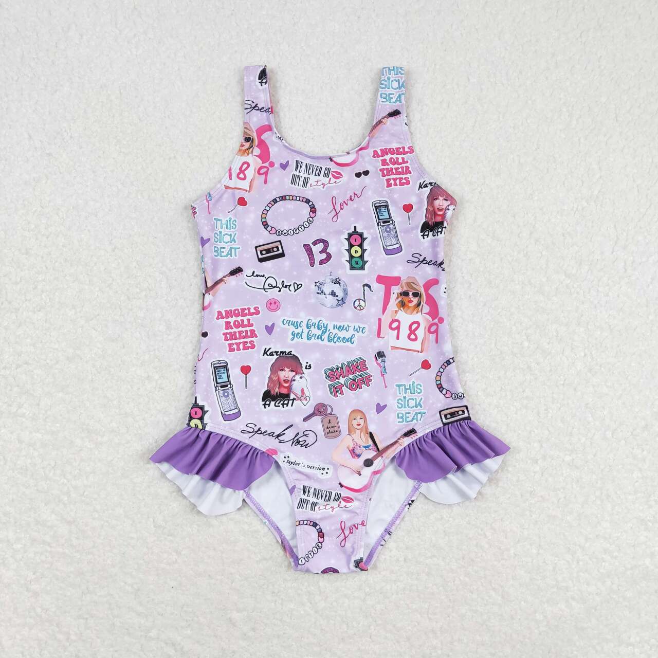 S0388  Purple Singer Swiftie Print Girls 1 Piece Swimsuits