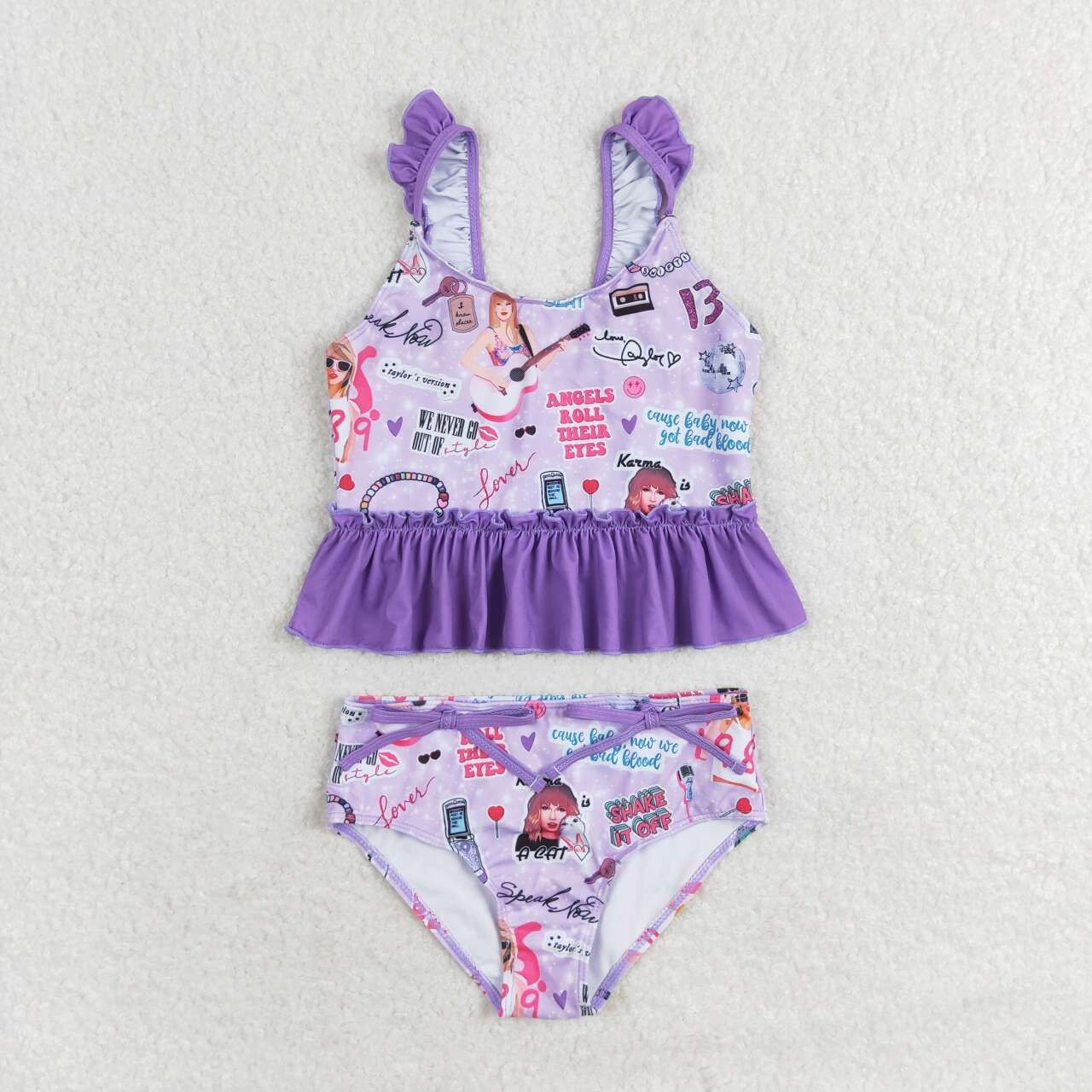 S0389  Purple Singer Swiftie Print Girls 2 Pieces Swimsuits