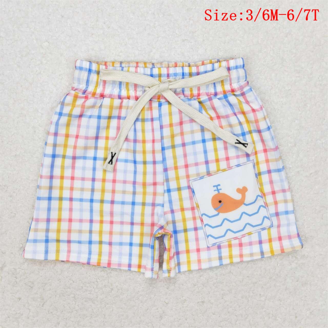 S0400  Whale Plaid Print Boys Swim Trunks