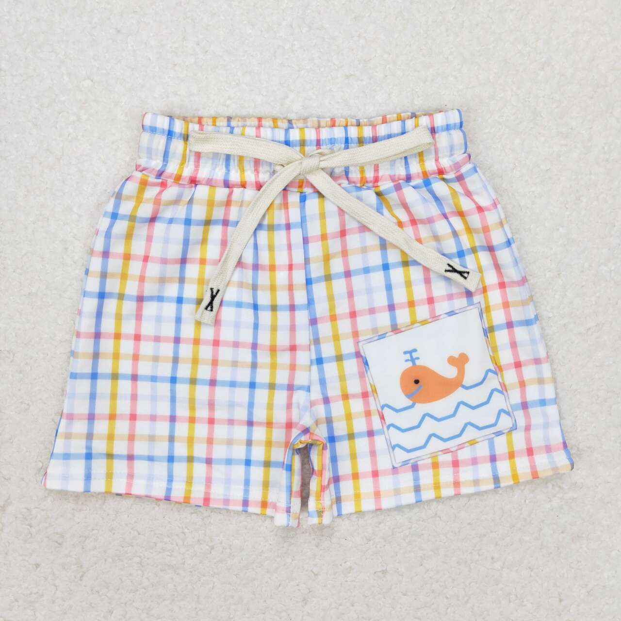 S0400  Whale Plaid Print Boys Swim Trunks