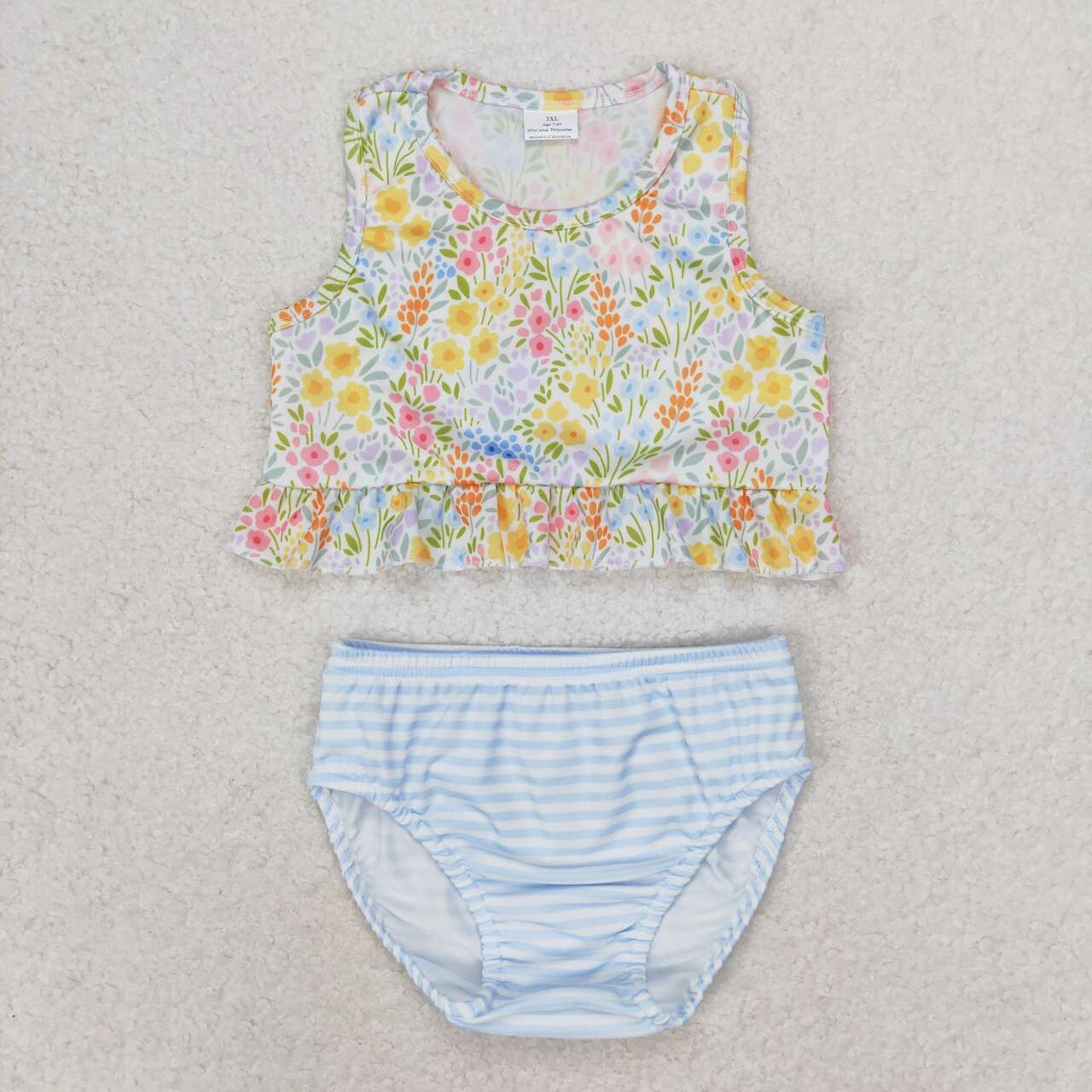 S0414 Flowers Top Stripes Shorts Girls 2 Pieces Swimsuits