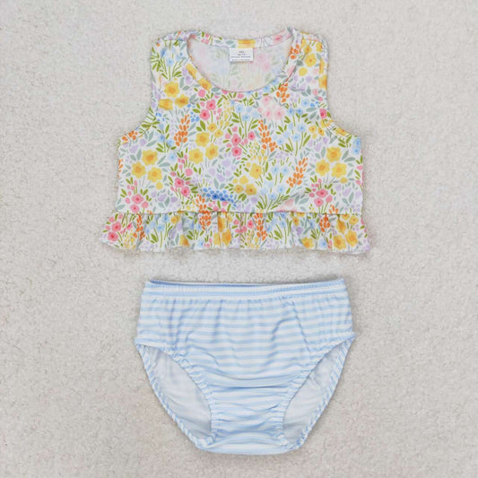 S0414 Flowers Top Stripes Shorts Girls 2 Pieces Swimsuits