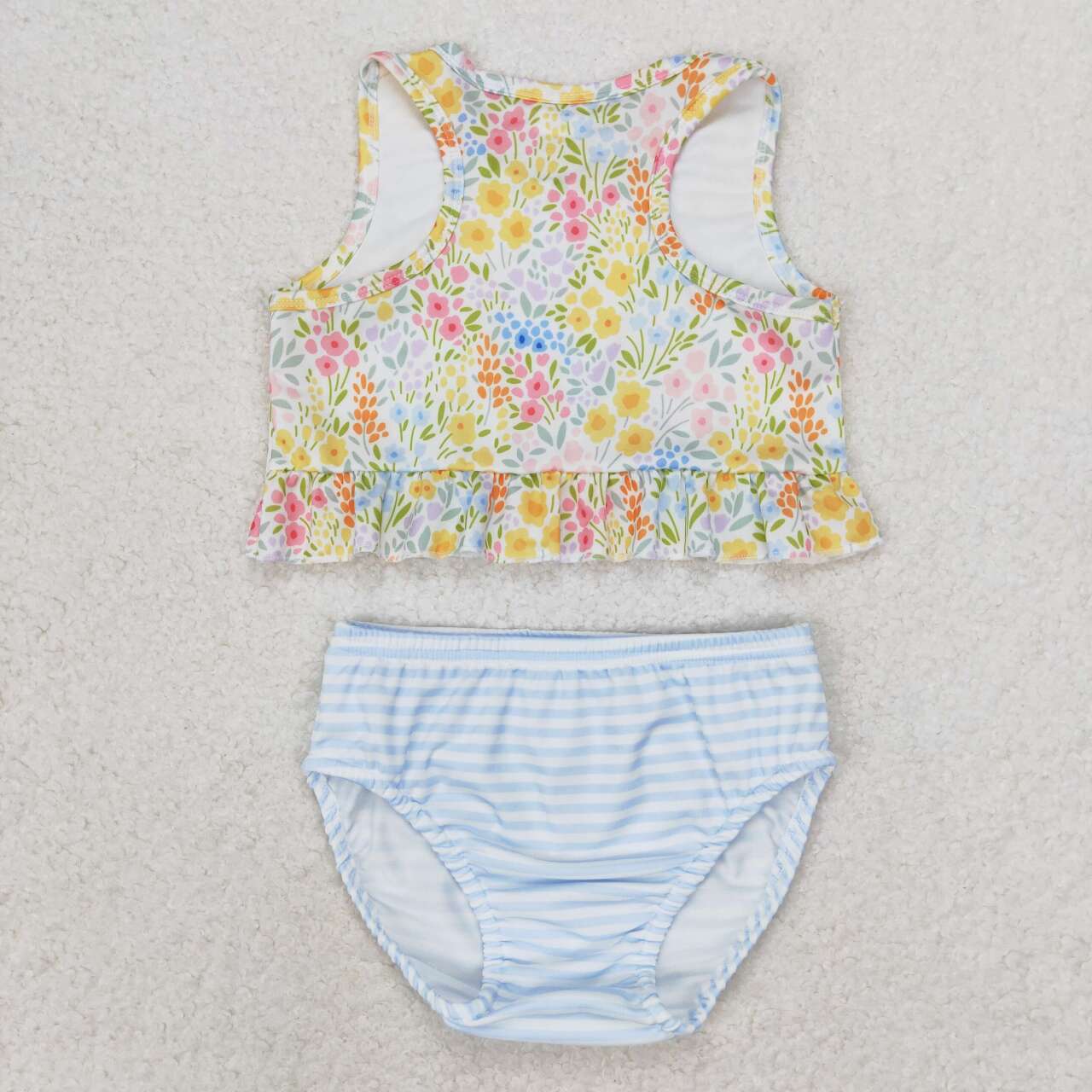 S0414 Flowers Top Stripes Shorts Girls 2 Pieces Swimsuits