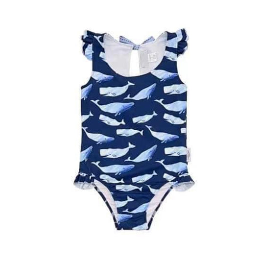 (Pre-order)S0425 Whale Navy Print Girls 1 Piece Swimsuits