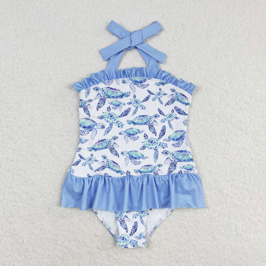 S0430 Sea Turtle Print Girls 1 Piece Swimsuits