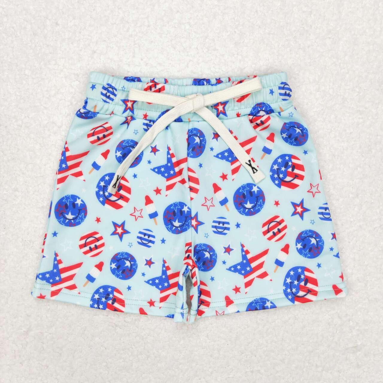 S0434  Smiling Face Stars Popsicle Print Boys 4th of July Swim Trunks