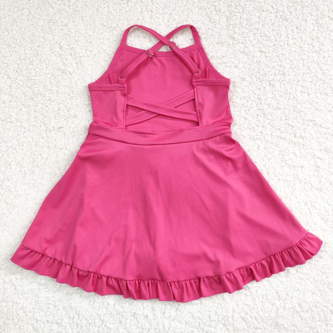 S0440 Hotpink Color Girls Knee Length Shorts Sports Dress 1 Pieces Swimsuits