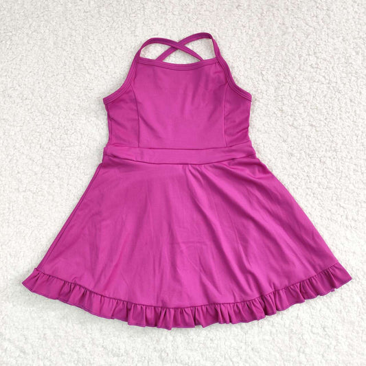 S0441 Purple Color Girls Knee Length Shorts Sports Dress 1 Pieces Swimsuits