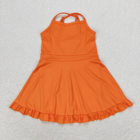 S0442 Orange Color Girls Knee Length Shorts Sports Dress 1 Pieces Swimsuits