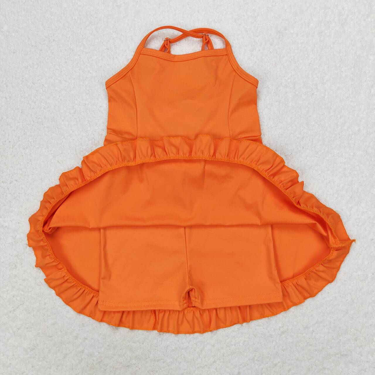 S0442 Orange Color Girls Knee Length Shorts Athletic Dress 1 Pieces Swimsuits