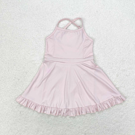 S0443 Pink Color Girls Knee Length Shorts Sports Dress 1 Pieces Swimsuits
