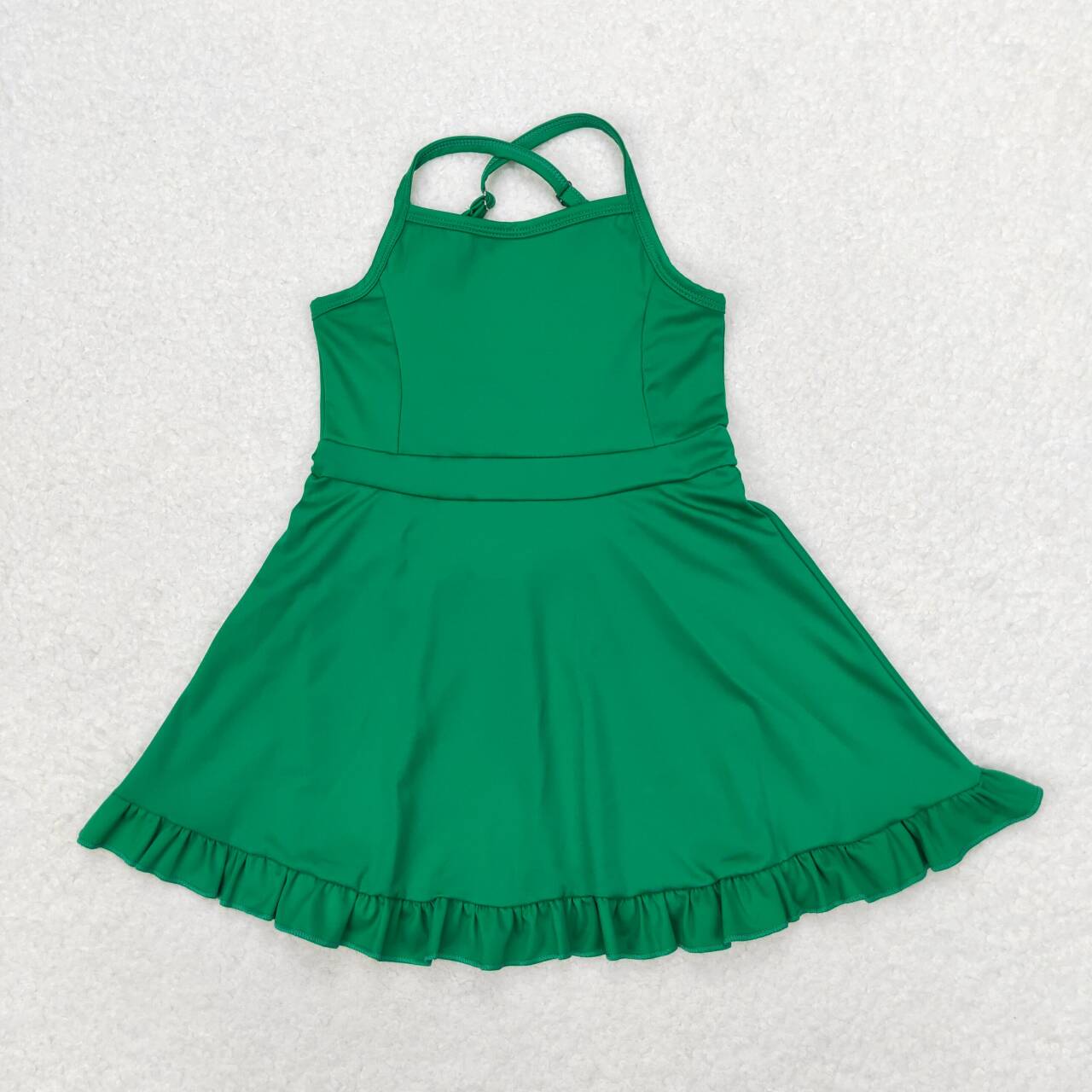 S0444 Green Color Girls Knee Length Shorts Athletic Dress 1 Pieces Swimsuits