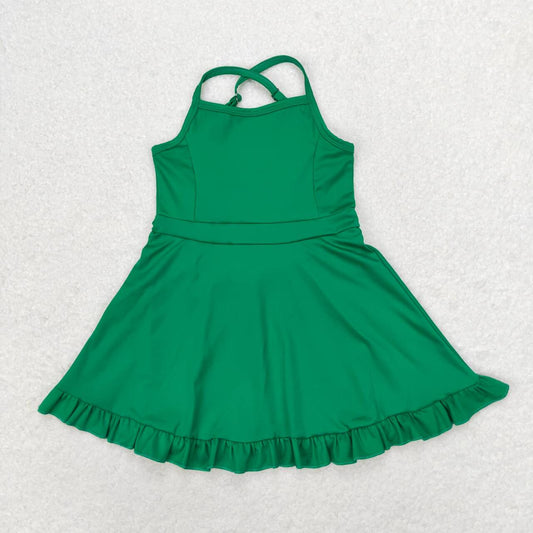 S0444 Green Color Girls Knee Length Shorts Sports Dress 1 Pieces Swimsuits