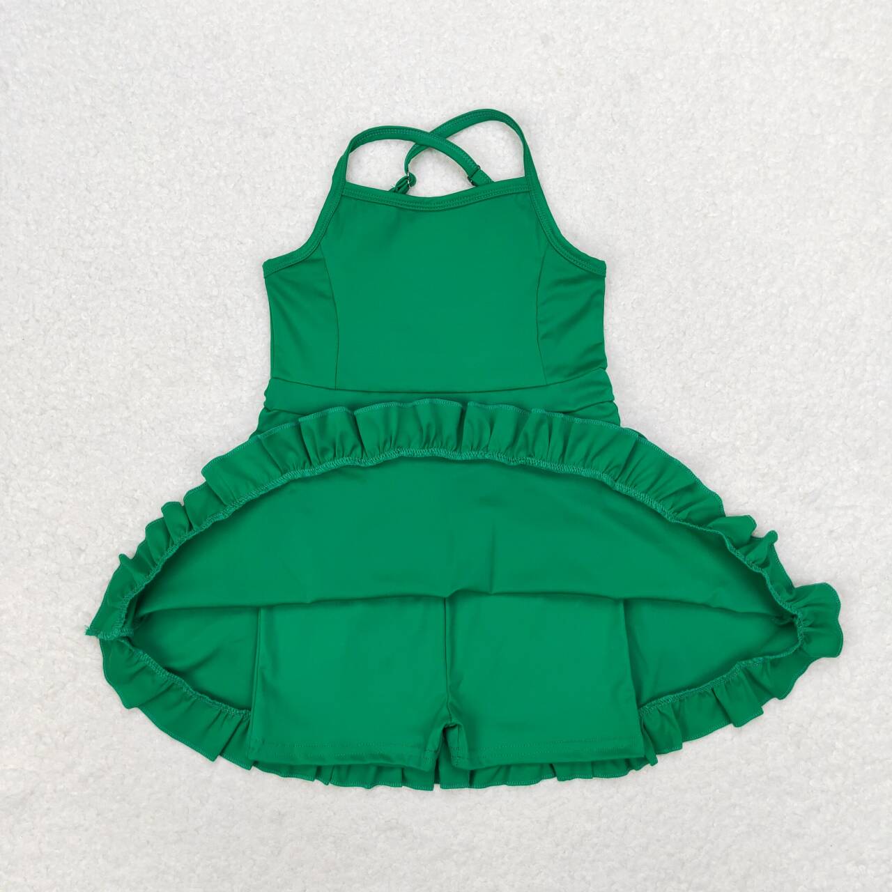 S0444 Green Color Girls Knee Length Shorts Athletic Dress 1 Pieces Swimsuits