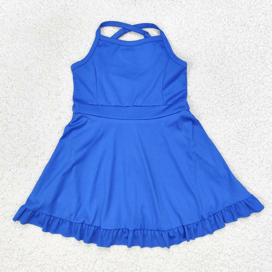 S0445 Blue Color Girls Knee Length Shorts Sports Dress 1 Pieces Swimsuits