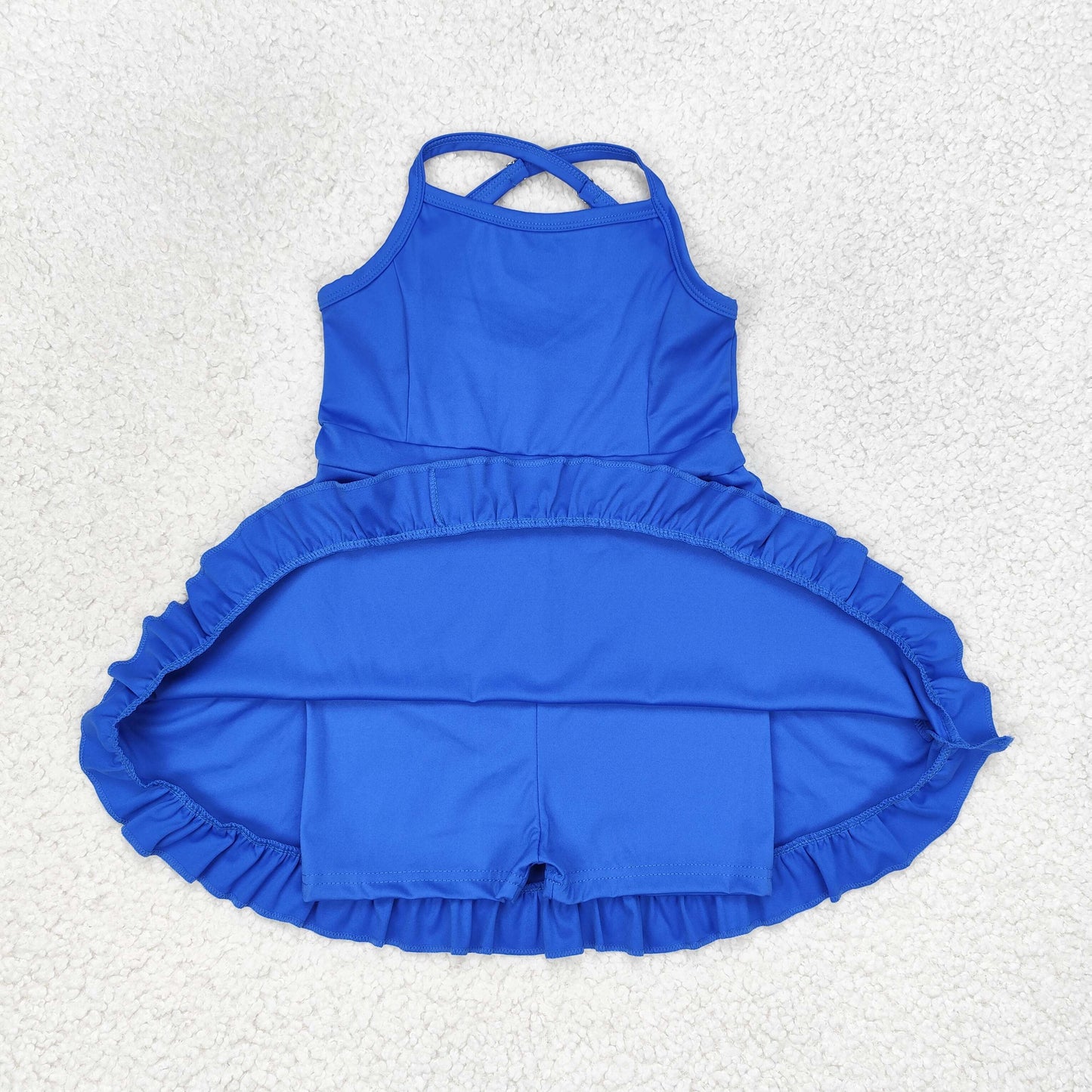 S0445 Blue Color Girls Knee Length Shorts Sports Dress 1 Pieces Swimsuits