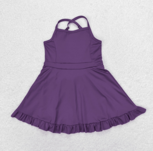 (Pre-order)S0454 Purple Color Girls Knee Length Shorts Athletic Dress 1 Pieces Swimsuits