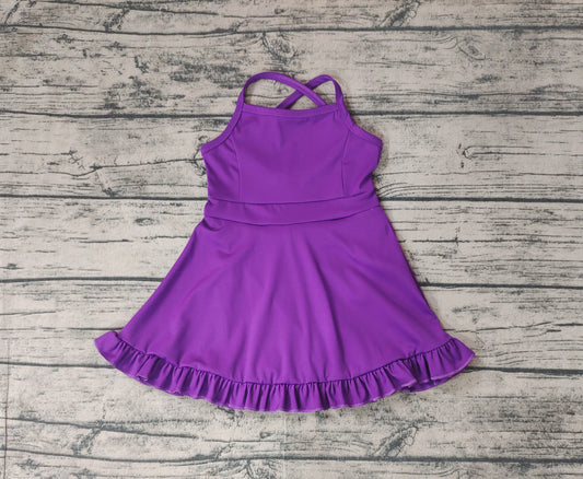 (Pre-order)S0454 Purple Color Girls Knee Length Shorts Athletic Dress 1 Pieces Swimsuits