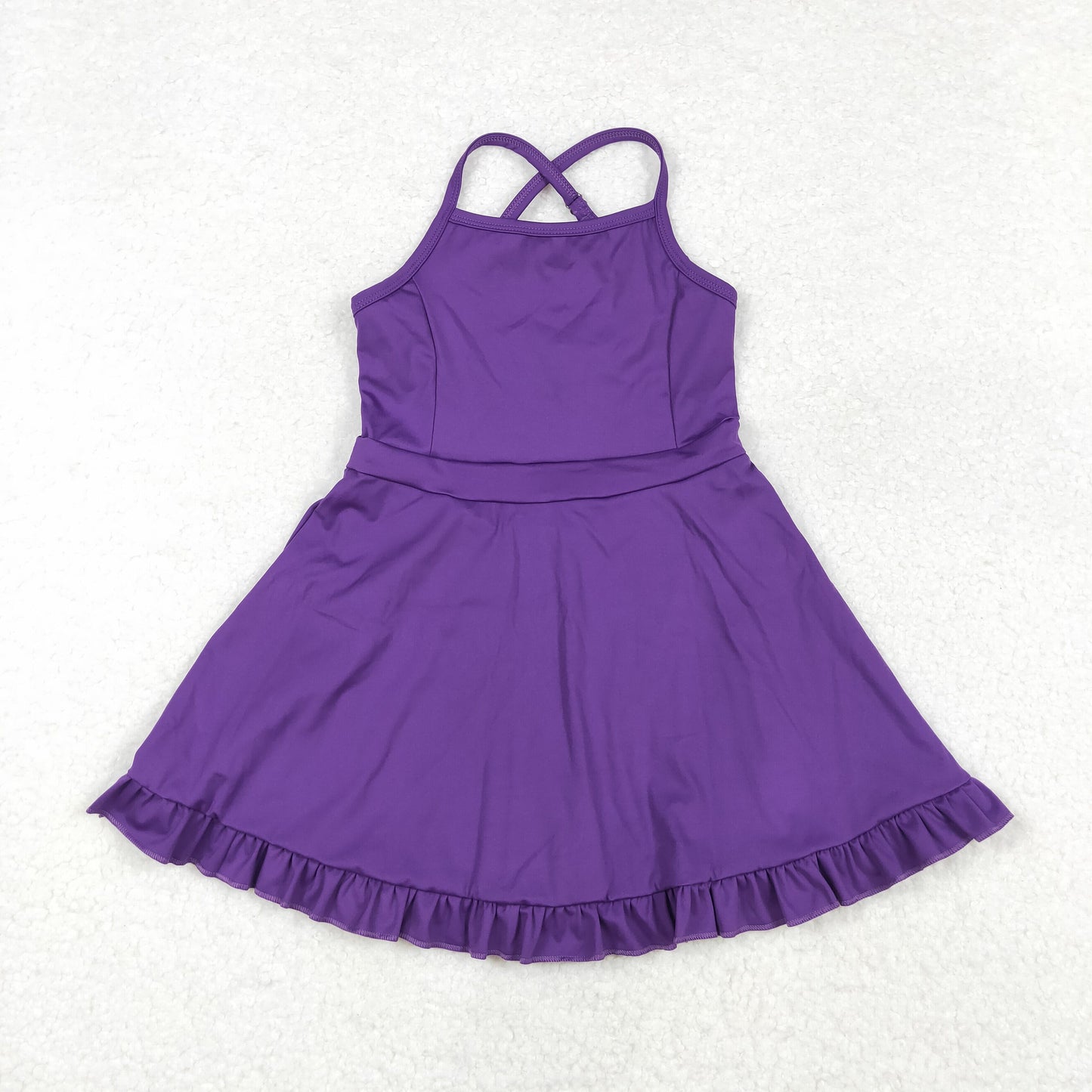 S0454 Purple Color Girls Knee Length Shorts Athletic Dress 1 Pieces Swimsuits