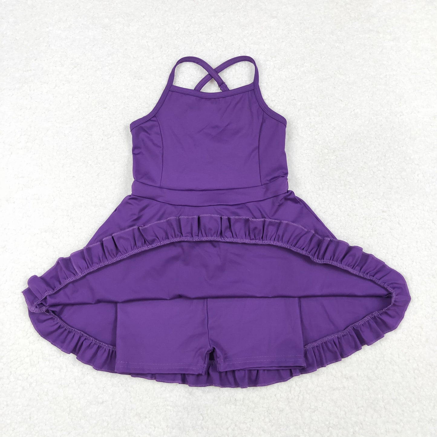 S0454 Purple Color Girls Knee Length Shorts Athletic Dress 1 Pieces Swimsuits