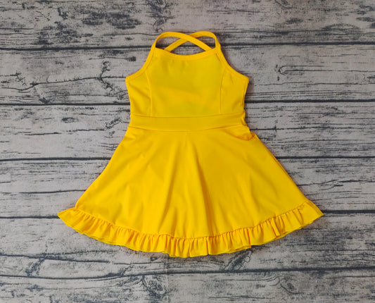 (Pre-order)S0455 Yellow Color Girls Knee Length Shorts Athletic Dress 1 Pieces Swimsuits