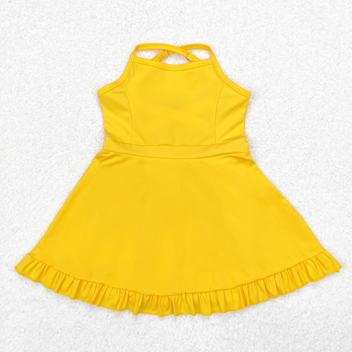 S0455 Yellow Color Girls Knee Length Shorts Athletic Dress 1 Pieces Swimsuits