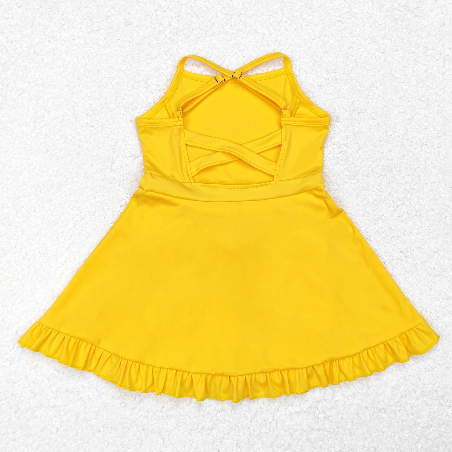 S0455 Yellow Color Girls Knee Length Shorts Athletic Dress 1 Pieces Swimsuits