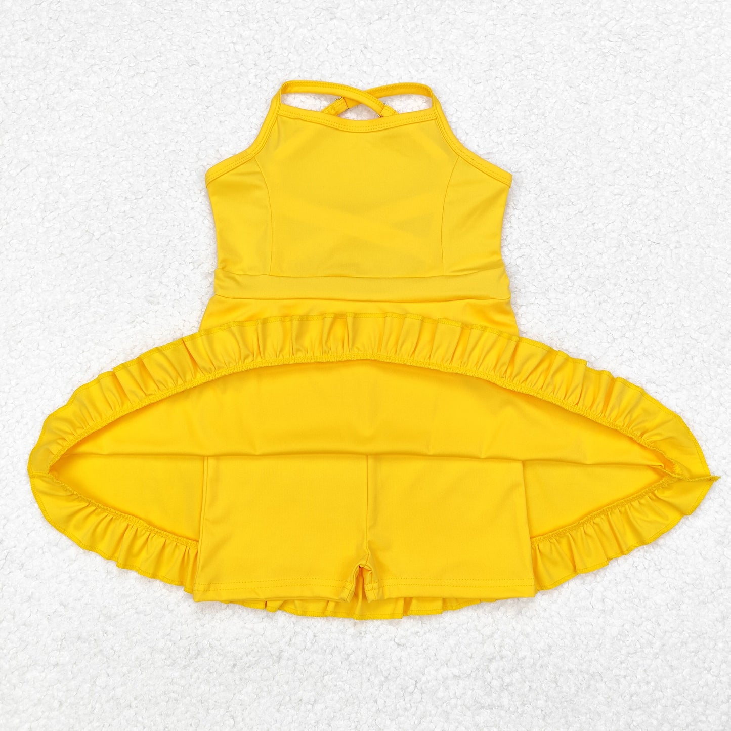 S0455 Yellow Color Girls Knee Length Shorts Athletic Dress 1 Pieces Swimsuits