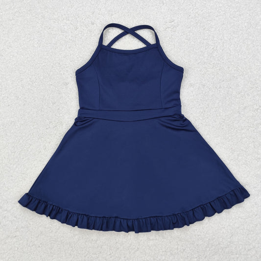 S0456 Navy Color Girls Knee Length Shorts Athletic Dress 1 Pieces Swimsuits