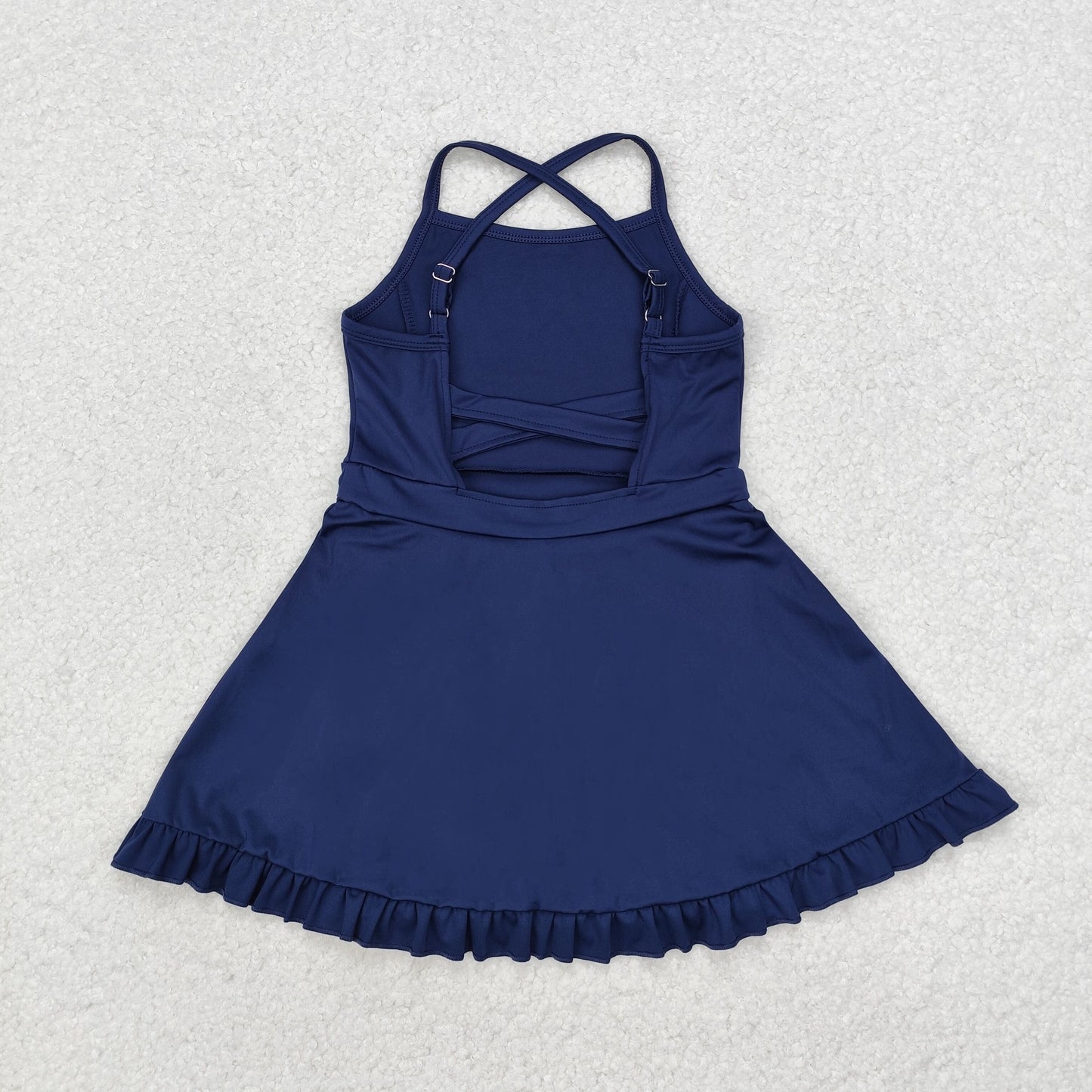 S0456 Navy Color Girls Knee Length Shorts Athletic Dress 1 Pieces Swimsuits