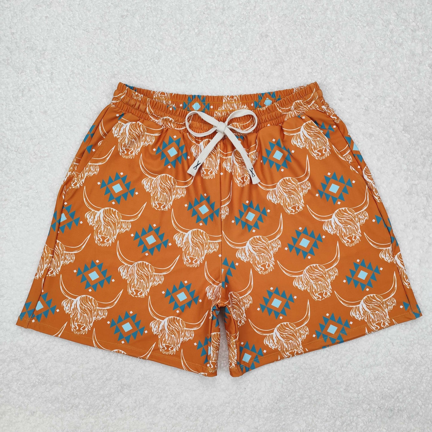 Highland Cow Aztec Print Family Matching Swim Trunks