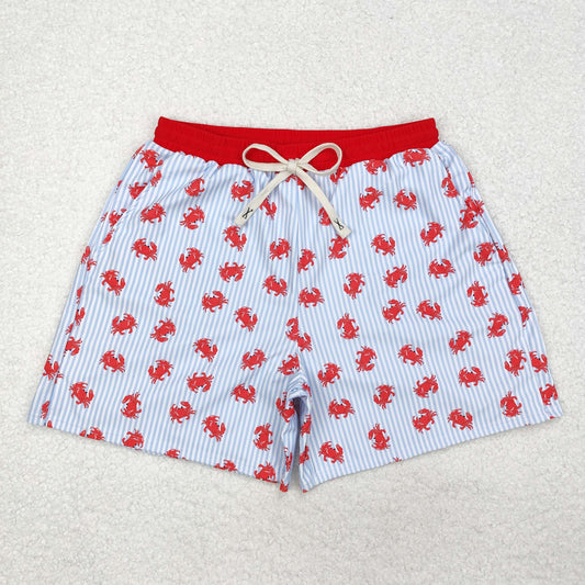 S0464 Adult Red Crab Blue Stripes Print Man Summer Swim Trunks