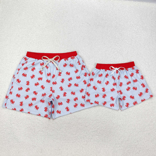 Red Crab Blue Stripes Print Family Matching Swim Trunks