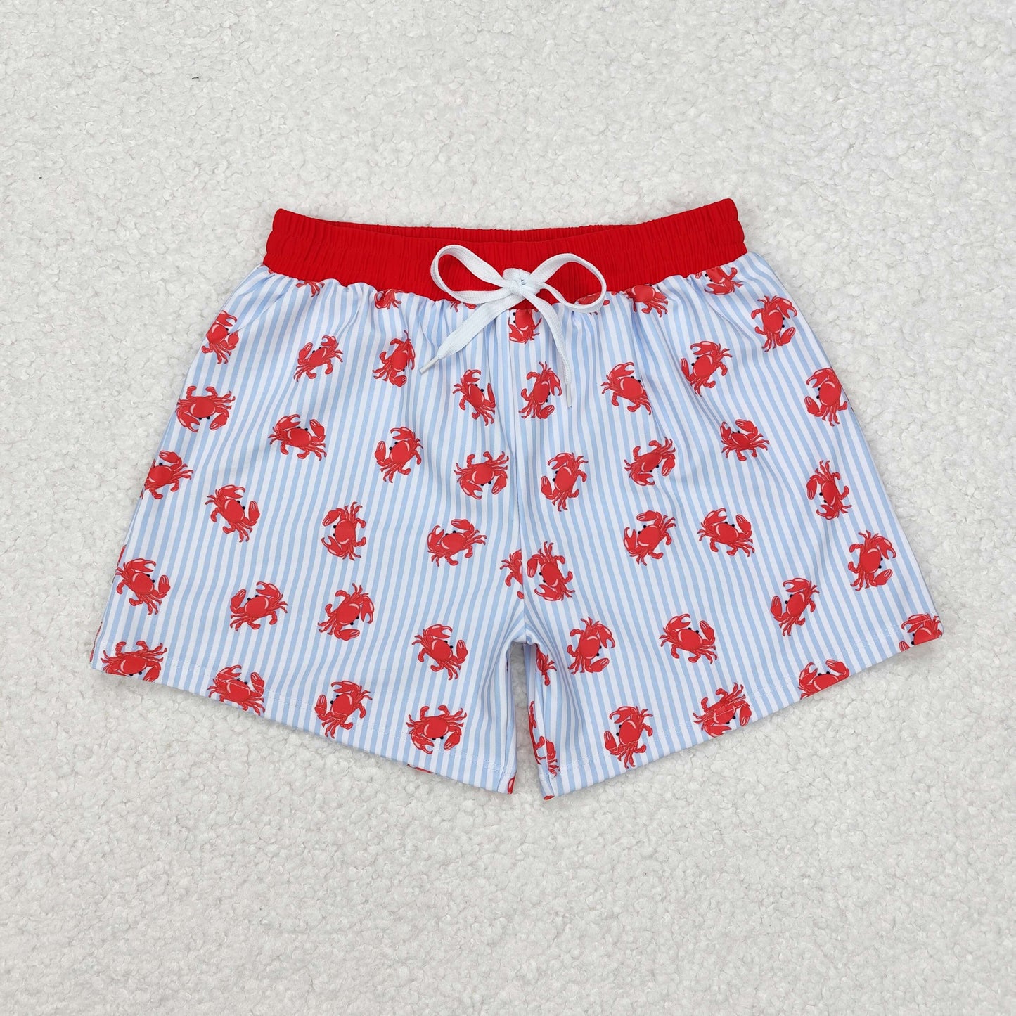 S0465  Red Crab Blue Stripes Print Boys Summer Swim Trunks