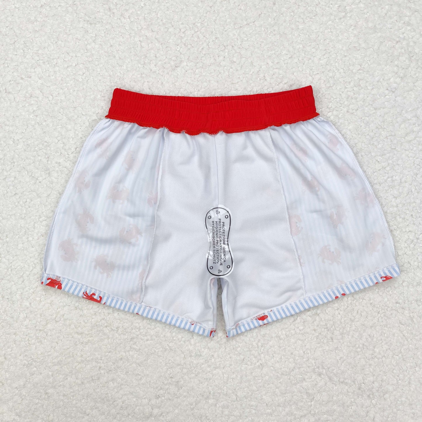 S0465  Red Crab Blue Stripes Print Boys Summer Swim Trunks