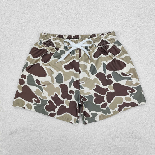 S0475  Brown Camo Print Boys Summer Swim Trunks