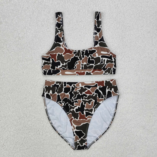 S0480 Adult Dark Brown Camo Print Woman Summer 2 Pieces Swimsuits