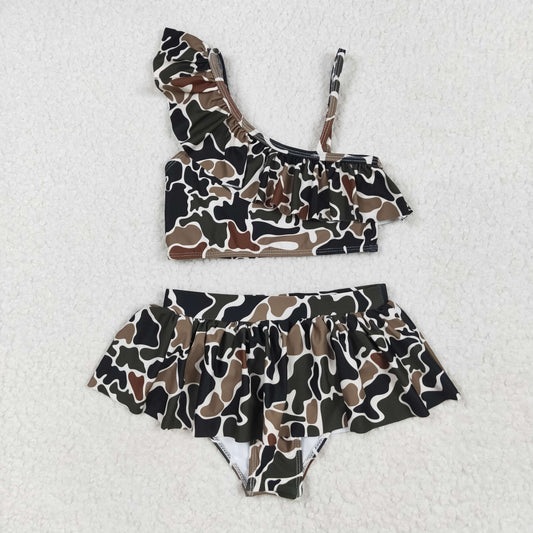 S0481 Dark Brown Camo Print Girls Summer 2 Pieces Swimsuits