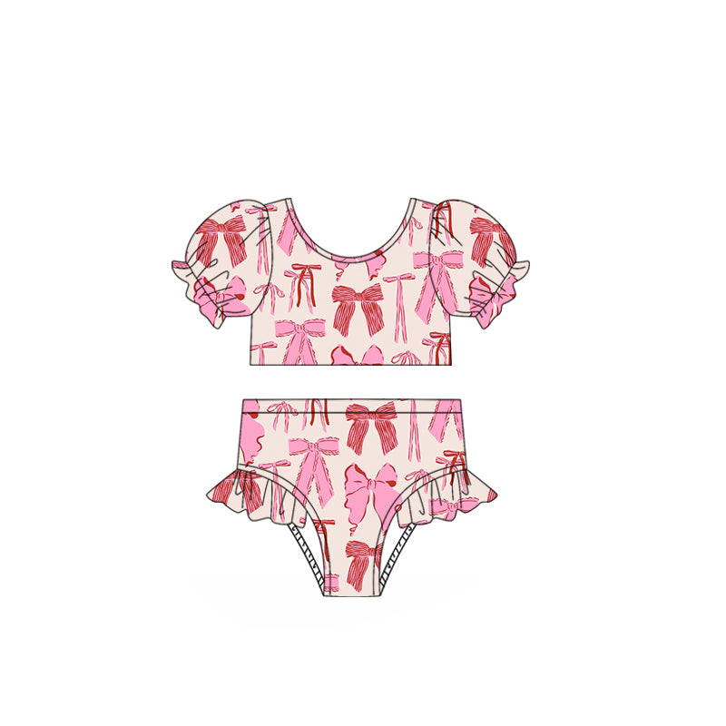 (Pre-order)S0493 Pink Bows Print Girls 2 Pieces Swimsuits