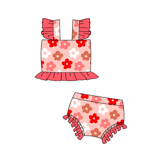 (Pre-order)S0494 Pink Flowers Print Girls 2 Pieces Swimsuits
