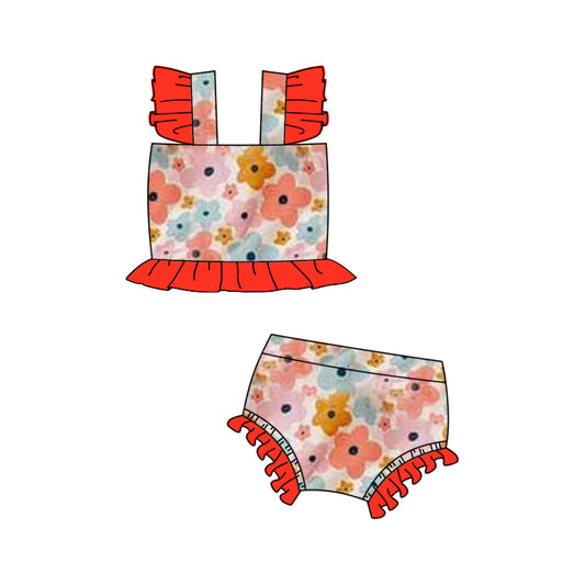 (Pre-order)S0497 Pink Orange Blue Flowers Print Girls 2 Pieces Swimsuits