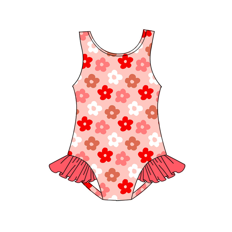 (Pre-order)S0499 Pink Flowers Print Girls 1 Pieces Swimsuits