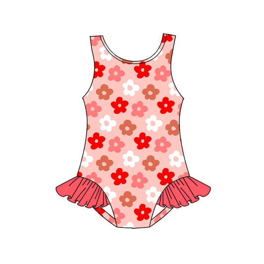 (Pre-order)S0499 Pink Flowers Print Girls 1 Pieces Swimsuits