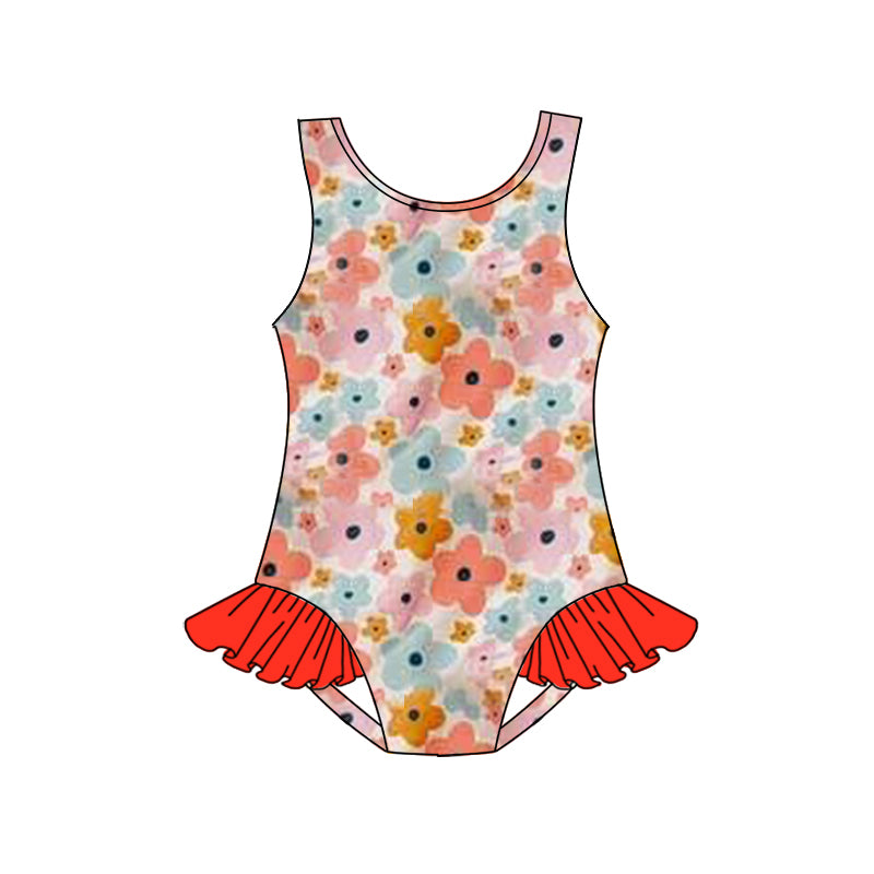 (Pre-order)S0502 Pink Orange Blue Flowers Print Girls 1 Pieces Swimsuits